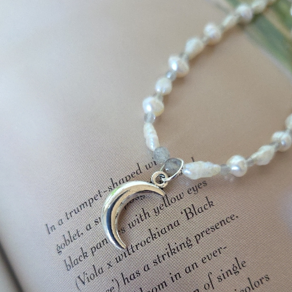 Vintage Japanese Rice Pearls + Labradorite Bead Necklace /Boho Style